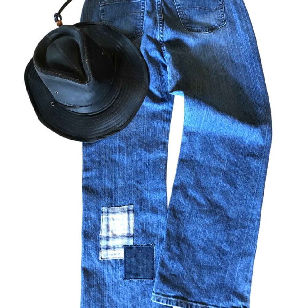 Upcycled Flannel Patchwork Jeans, Distressed Denim & Plaid Patches, Size 10P - Picture 10 of 12
